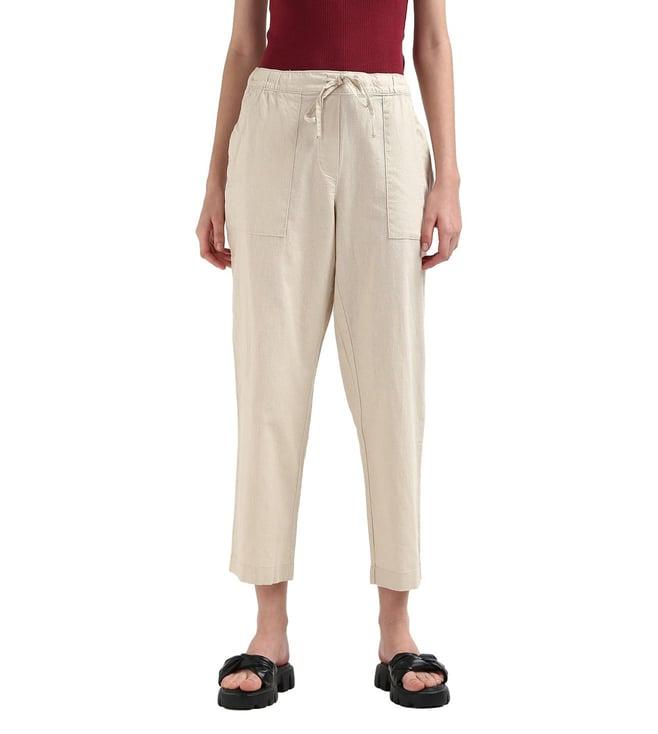 tommy hilfiger women tea biscuit solid mid-rise regular fit drawstring trouser