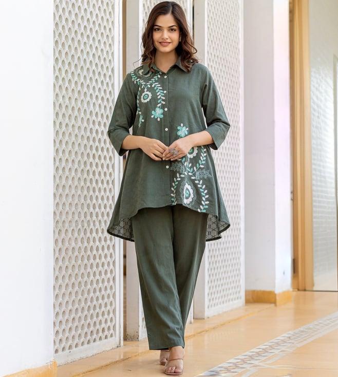 autumnlane green teresa olive embroidery cotton tunic with pant co-ord set