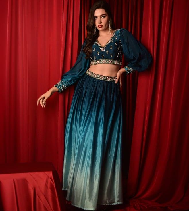 laalzari teal blue crop top with skirt