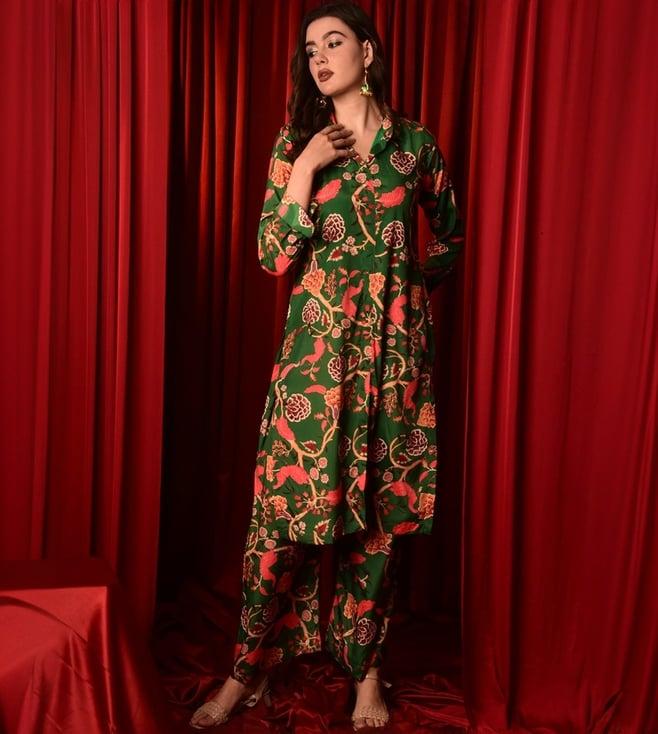 laalzari green printed top with pant co-ord set