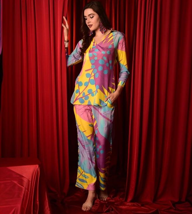 laalzari multi colour printed top with pant co-ord set