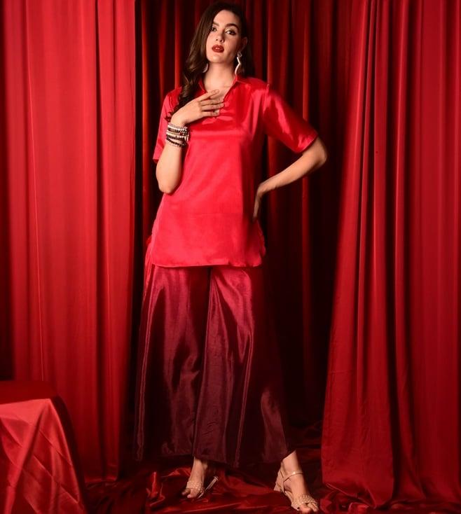 laalzari cherry red ombre short top with pant co-ord set