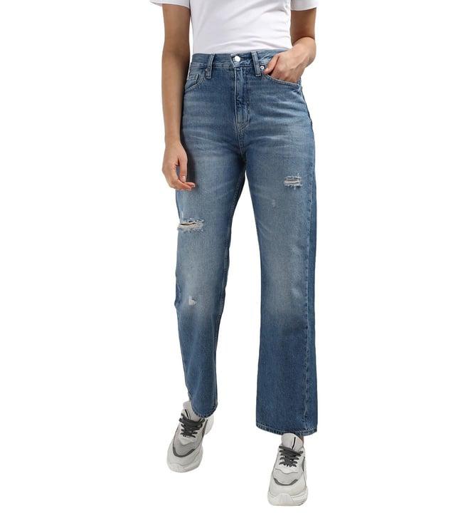 calvin klein light blue cotton women's high rise straight fit jeans