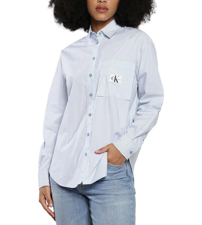 calvin klein dusk blue & white stripe womens brand monogram relaxed shirt