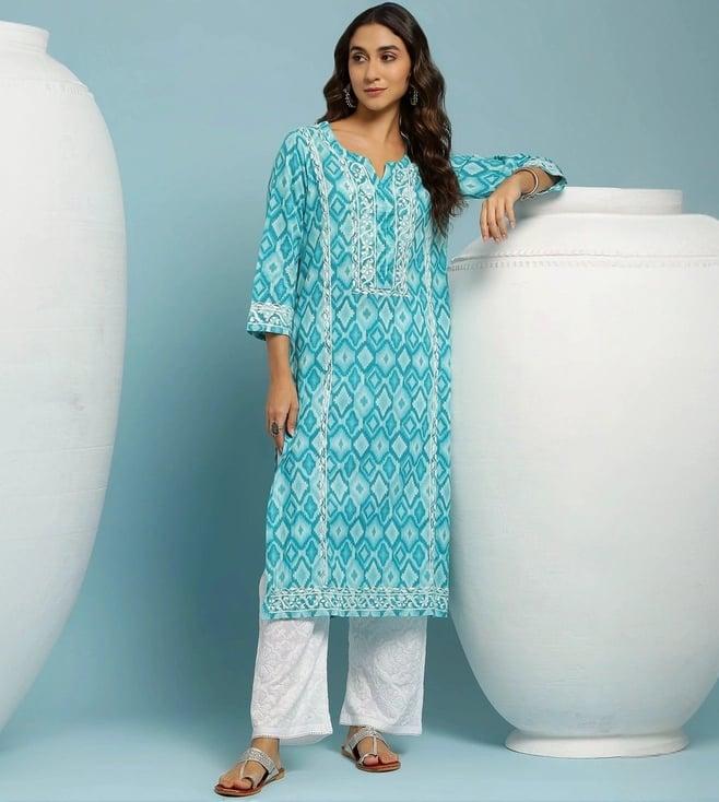 house of chikankari blue cotton embroidered straight kura