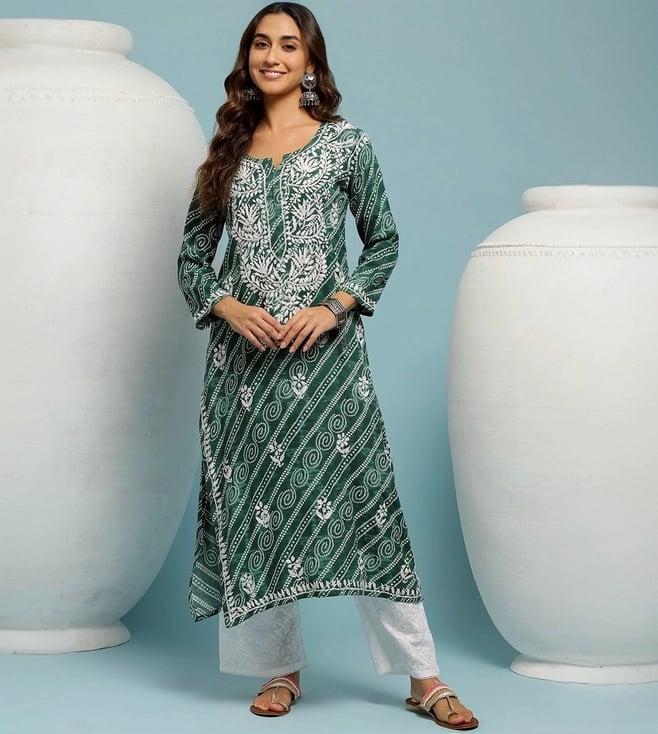 house of chikankari green embroidered straight kura