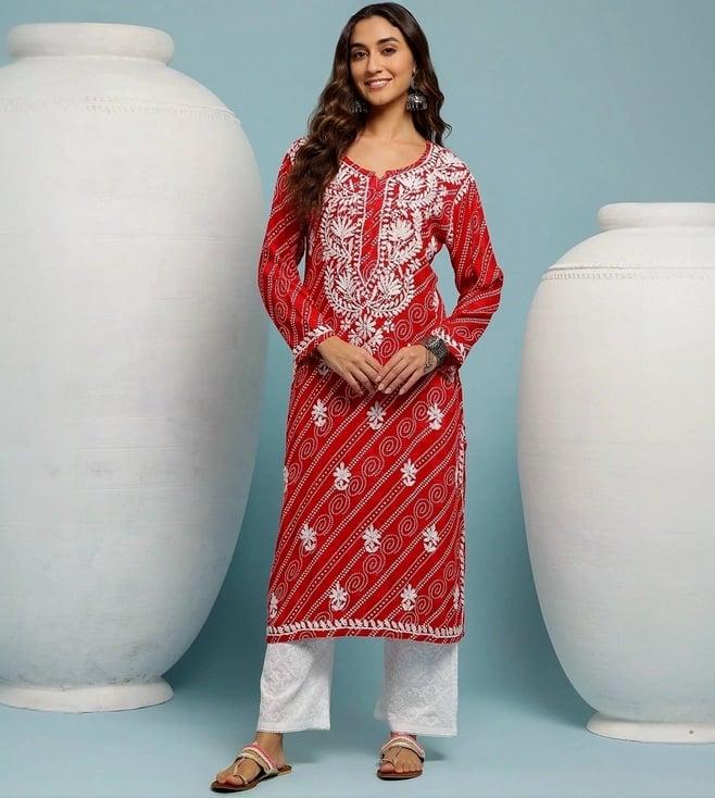 house of chikankari red embroidered straight kura