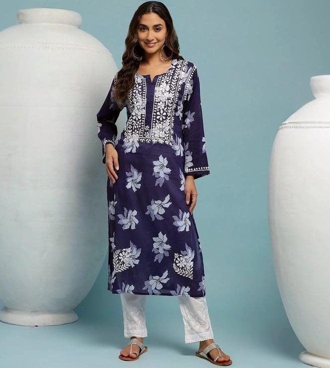 house of chikankari navy cotton embroidered straight kura