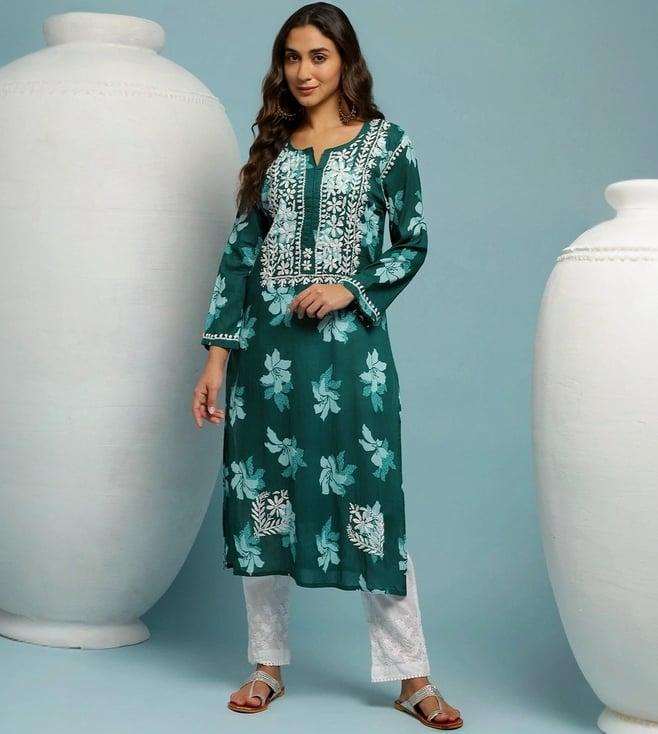 house of chikankari green cotton embroidered straight kura