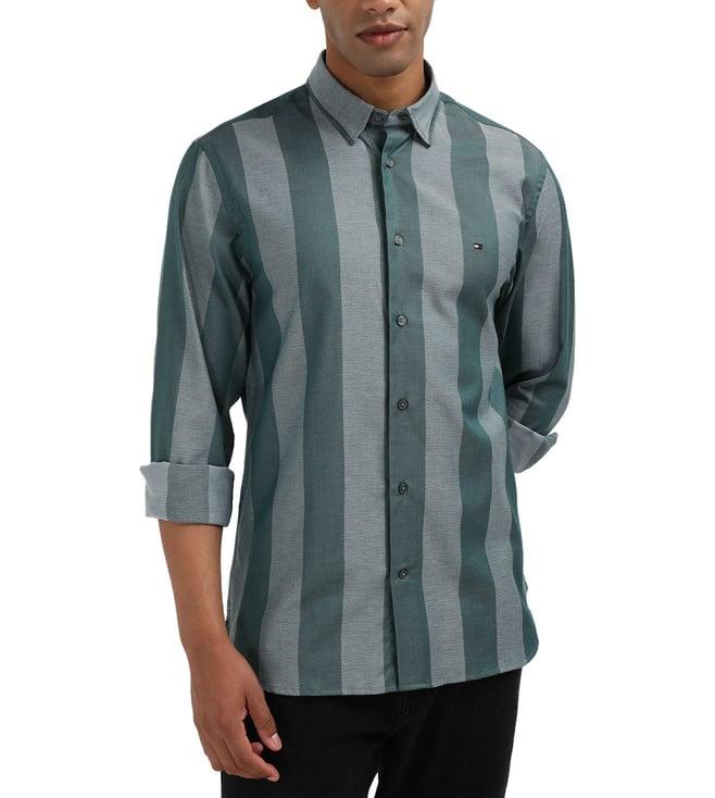 tommy hilfiger green organic cotton striped men regular fit shirt