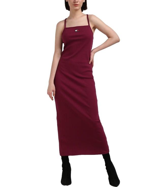 tommy hilfiger wine cotton ribbed women strappy bodycon dress