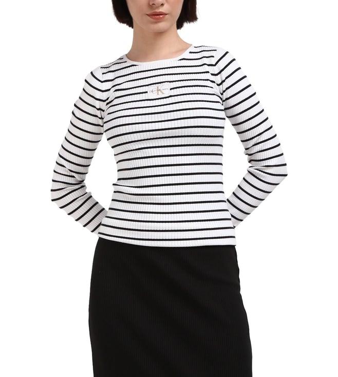 calvin klein black & bright white striped lyocell striped women's slim fit sweater