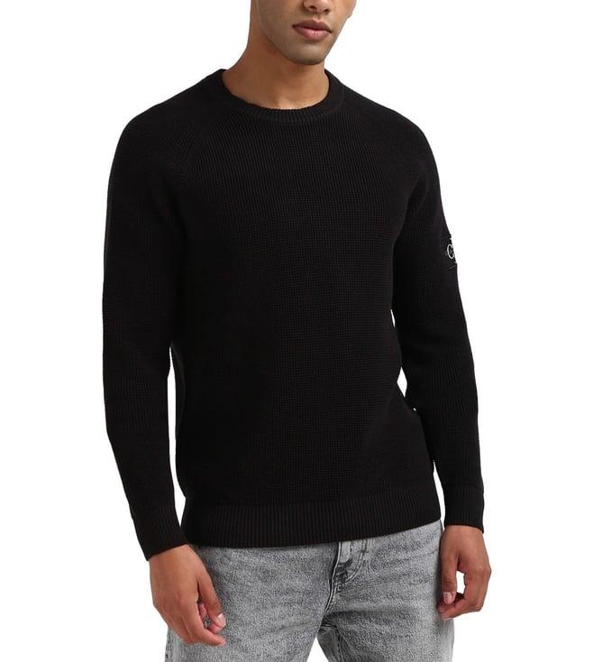 calvin klein men black solid crew neck full sleeves sweater