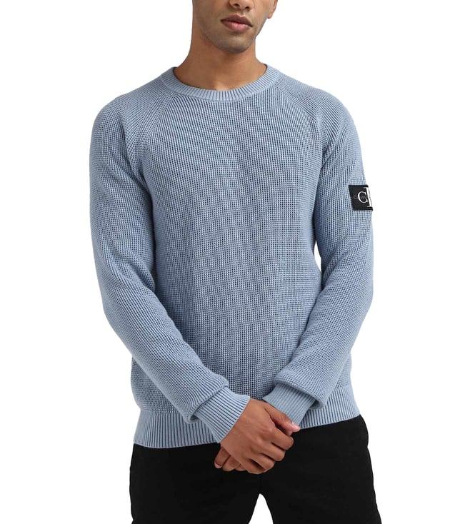 calvin klein men blue solid crew neck full sleeves sweater