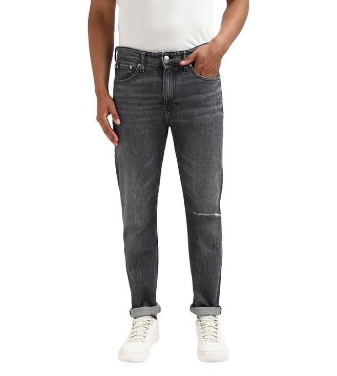 calvin klein men black washed mid-rise tapered fit jeans