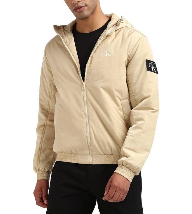 calvin klein men beige solid hooded full sleeves jacket