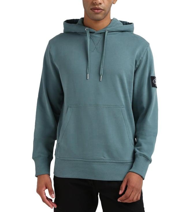 calvin klein men teal solid hooded full sleeves sweatshirt