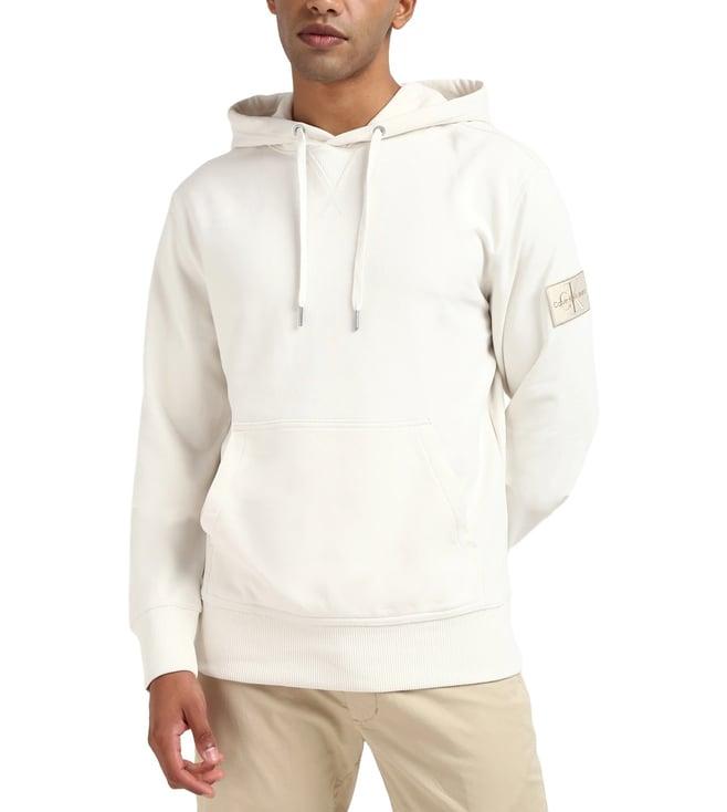 calvin klein men off white solid hooded full sleeves sweatshirt