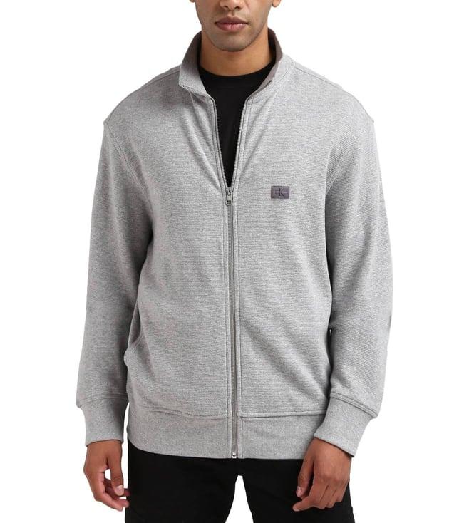 calvin klein men grey solid stand collar full sleeves sweatshirt