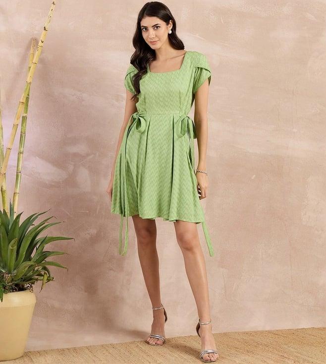 first resort by ramola bachchan pastel green eco-chic vogue herringbone side strap short dress