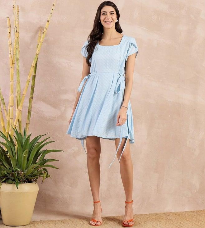 first resort by ramola bachchan sky blue eco-chic vogue herringbone side strap short dress