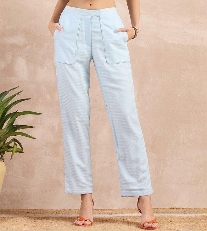 first resort by ramola bachchan sky blue eco-chic vogue herringbone straight trouser