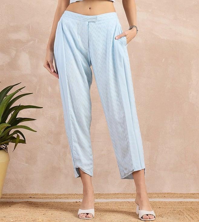 first resort by ramola bachchan sky blue eco-chic vogue herringbone narrow trouser