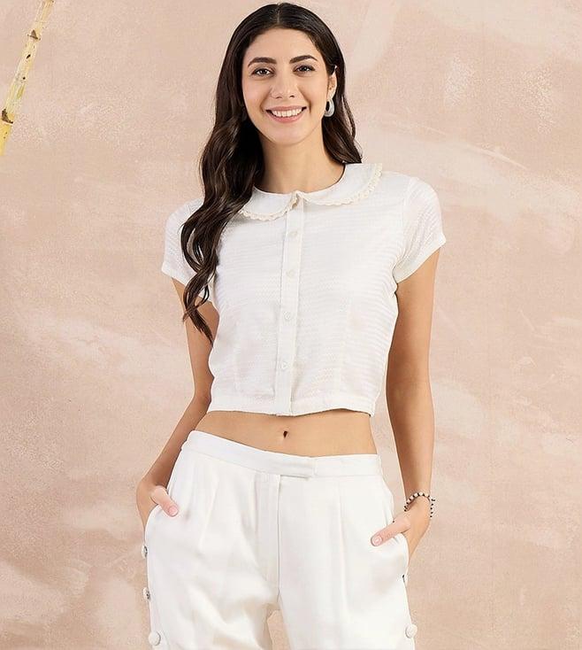 first resort by ramola bachchan off-white eco-chic vogue herringbone crop shirt