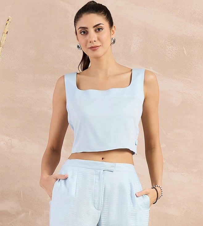 first resort by ramola bachchan sky blue eco-chic vogue buttoned camisole crop top