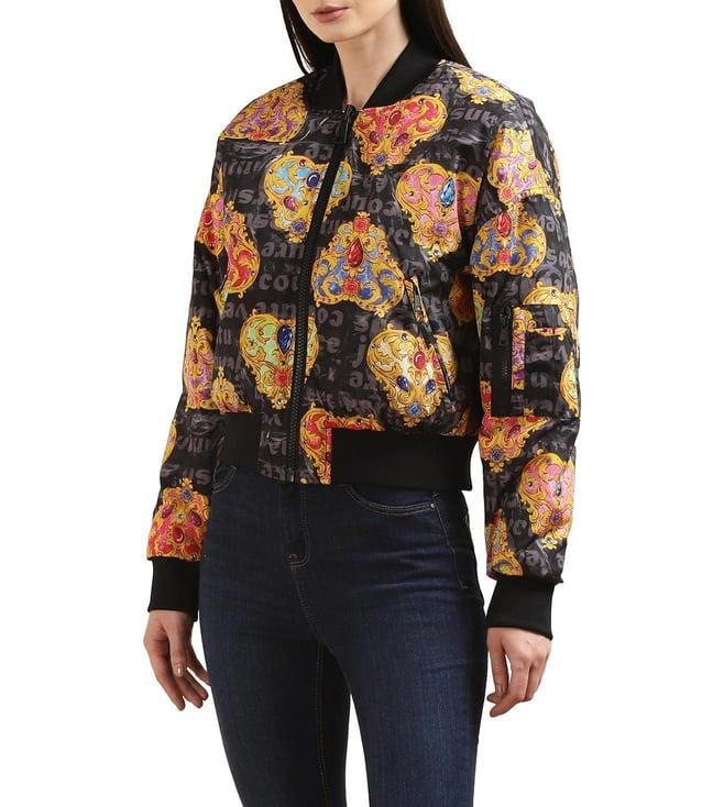 versace jeans couture women black all-over heart baroque print reversible bomber jacket