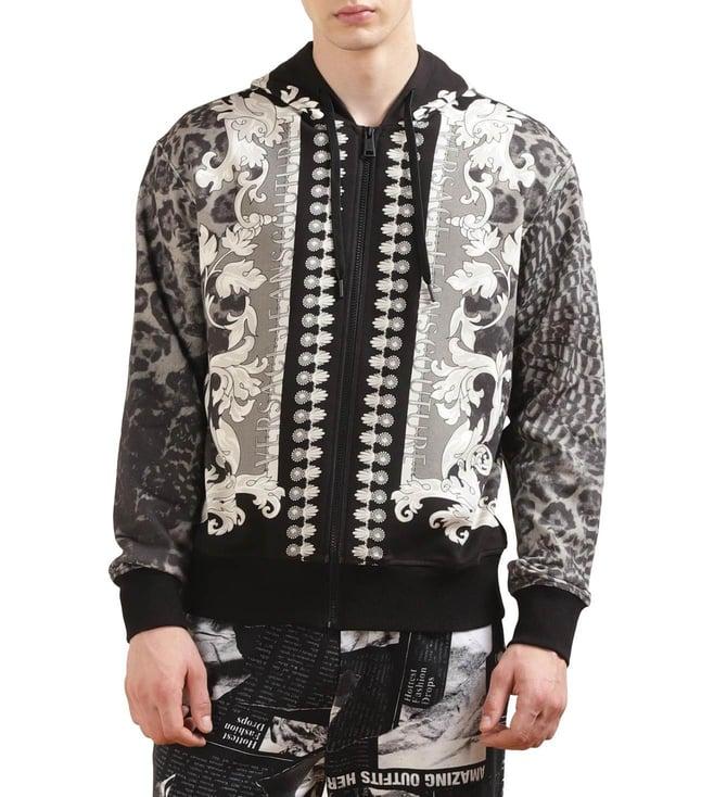 versace jeans couture men black all-over animal and baroque print hooded jacket