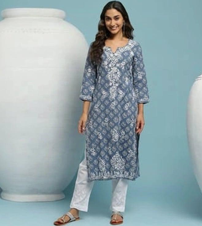 house of chikankari mulmul printed women's long kurta - blue