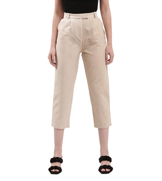 elle beige striped relaxed fit single pleated trousers