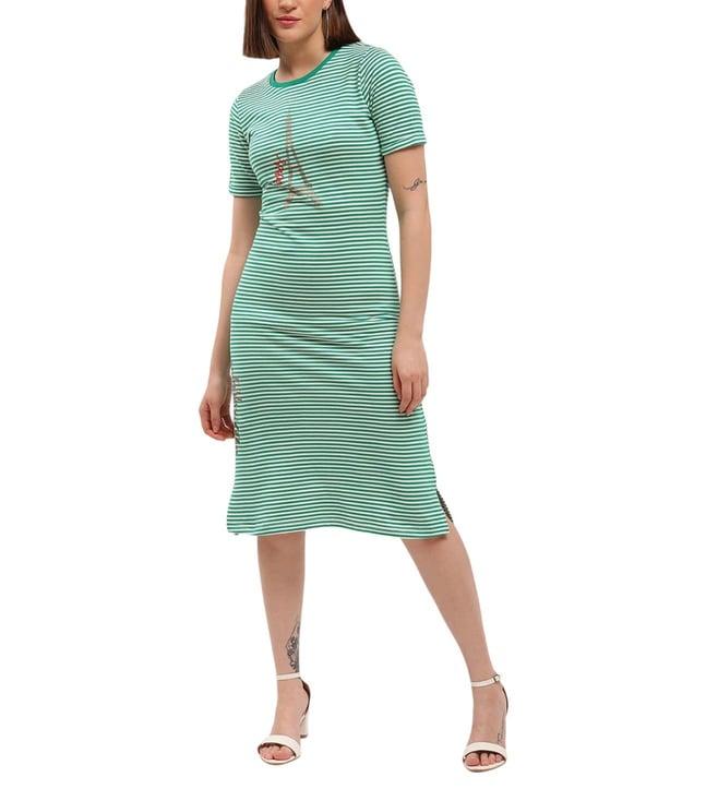 elle green striped fitted bodycon dress