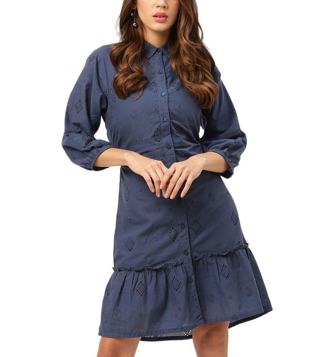 elle blue embroidered semi fitted dress