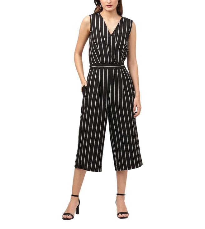 elle black striped regular fit cropped jumpsuit