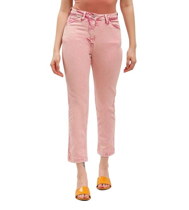 elle tapered pink heavily washed high rise jeans