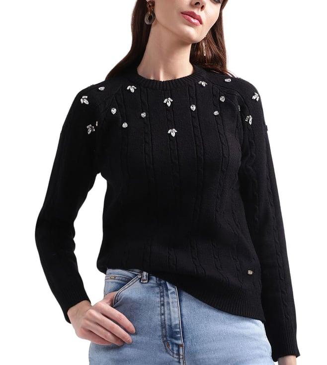 elle black embellished regular fit pullover sweater