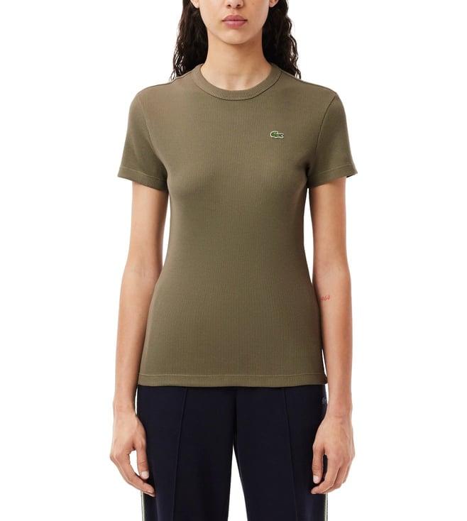 lacoste brown women's slim fit ribbed cotton t-shirt