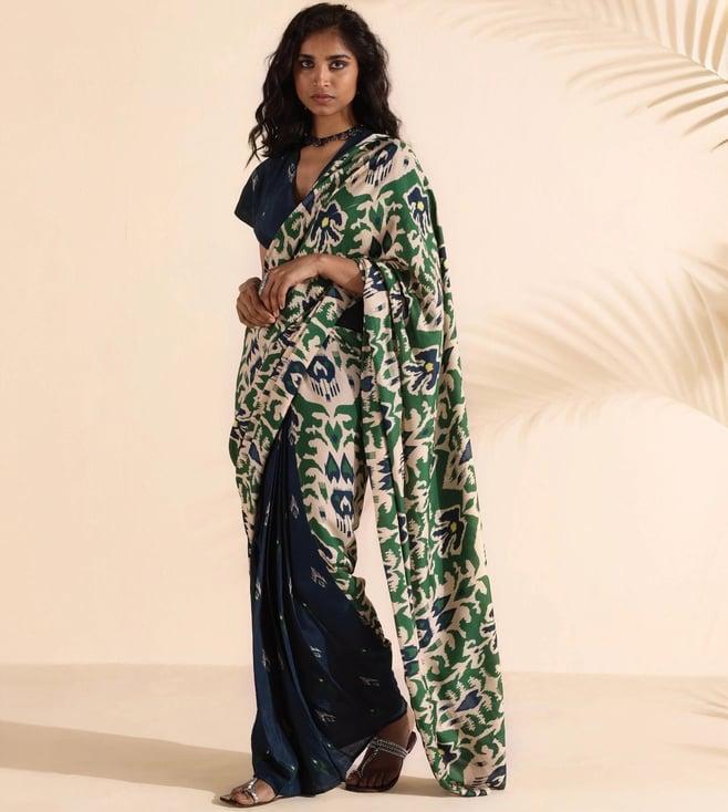 truebrowns green & blue malang muslin ikat saree