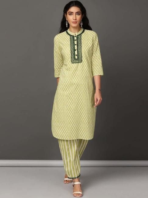 nuhh green & off white holiday kurta and pant set