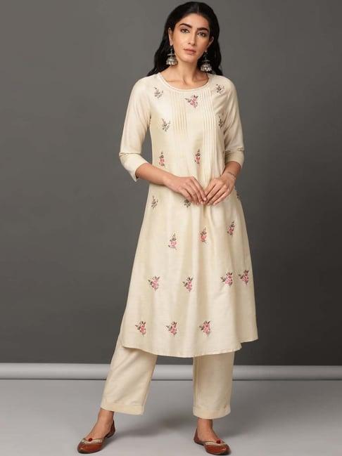 nuhh beige flower sorbet kurta and pant set