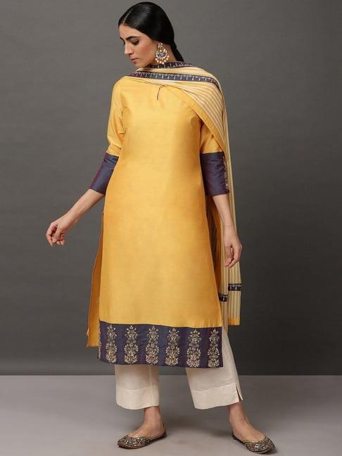 nuhh yellow art silk kurta with pant & dupatta