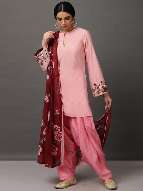 nuhh light pink short art kurta with salvar & dupatta