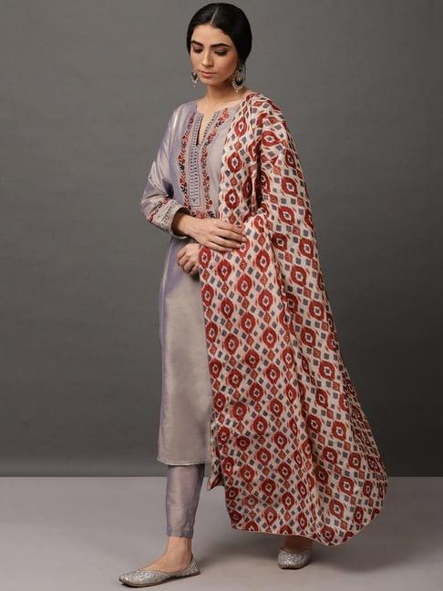 nuhh grey kurta & pant set with ikat dupatta