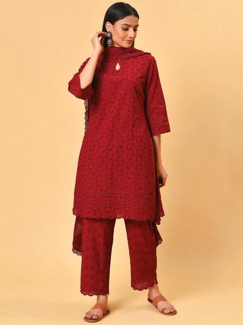 nuhh maroon embroidered schiffly kurta with pant & dupatta