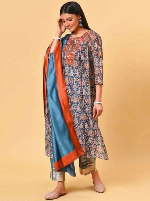 nuhh blue printed kurta with pant & dupatta