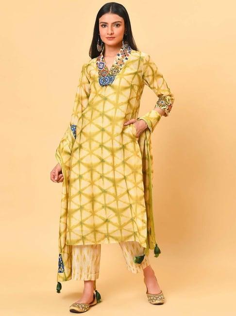 nuhh yellow & green shibori kurta with pant & dupatta set