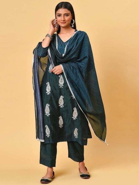 nuhh blue & green shibori kurta with pant & dupatta set