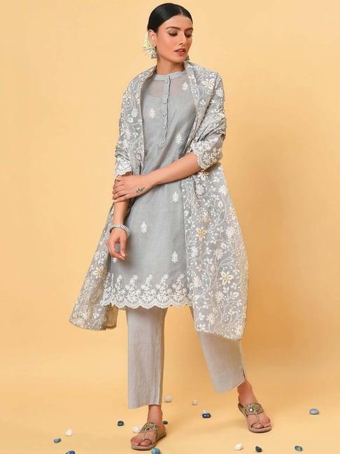 nuhh grey & white kota cotton kurta with pant & dupatta set